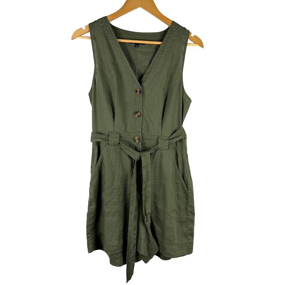 French Connection Army Green Linen V Neck Romper Women's Size 10 utility Casual